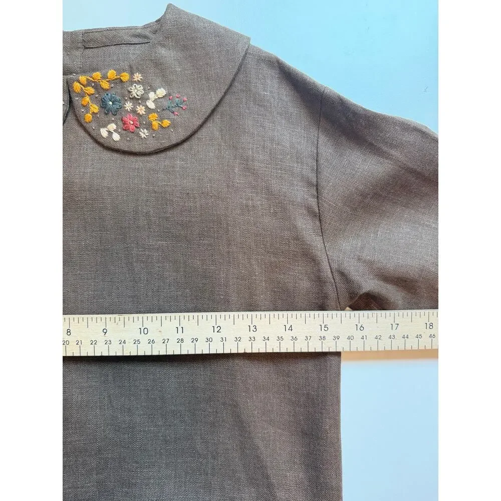 Hand Made 100% Linen Girls 7/8yo Boho Dress Embroidered Long Sleeve Cottagecore